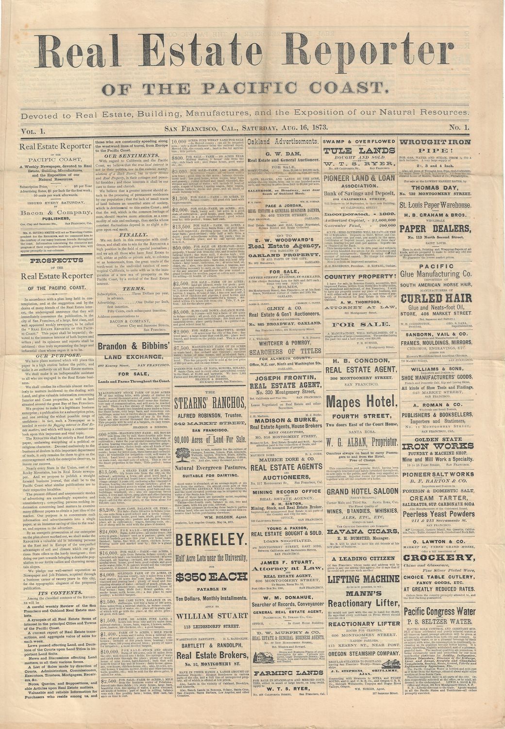 1873 Real Estate Reporter Newspaper Vol. 1 No. 1 - San Francisco