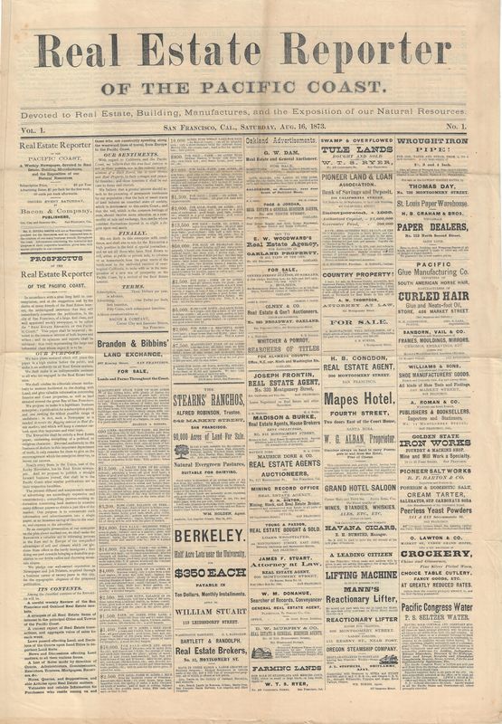1873 Real Estate Reporter Newspaper Vol. 1 No. 1 - San Francisco