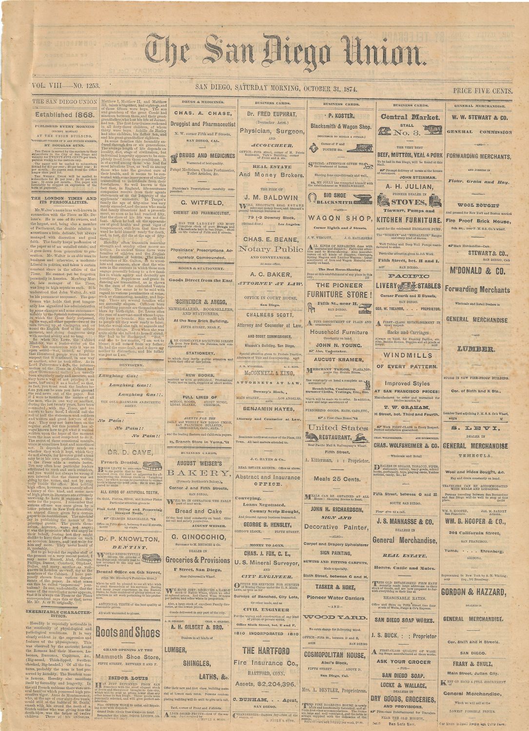1874 San Diego Union Newspaper