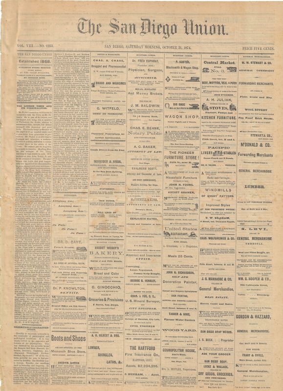 1874 San Diego Union Newspaper