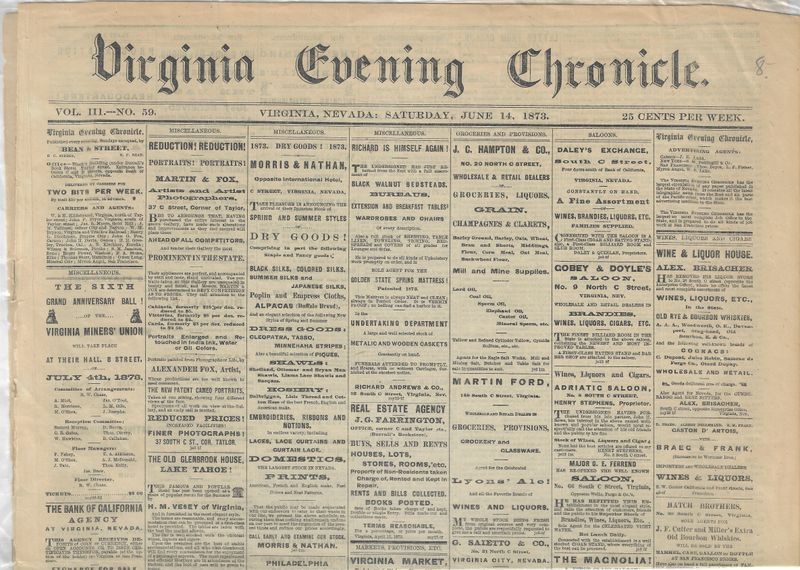 1873 Virginia (City) Evening Chronicle  Newspaper - Nevada
