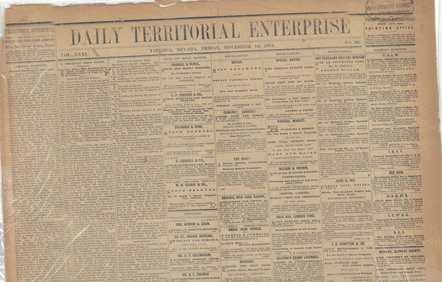 1875 Daily Territorial Enterprise  Newspaper - Virginia City Nv.