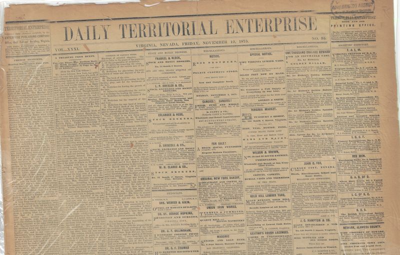 1875 Daily Territorial Enterprise  Newspaper - Virginia City Nv.