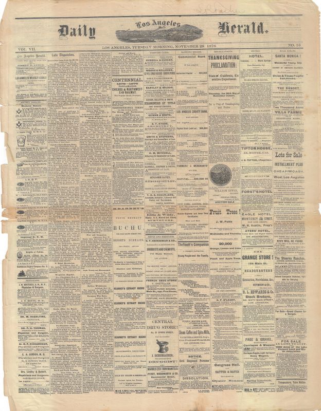 1876 Los Angeles Daily Herald Newspaper
