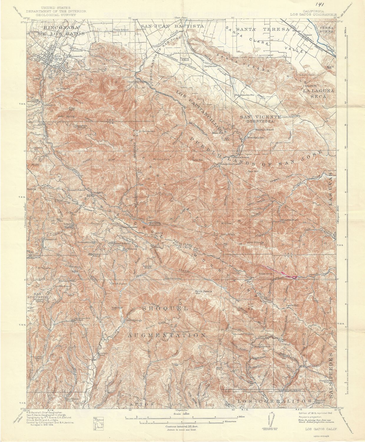 1942 (1914) USGS Los Gatos , CA Quad