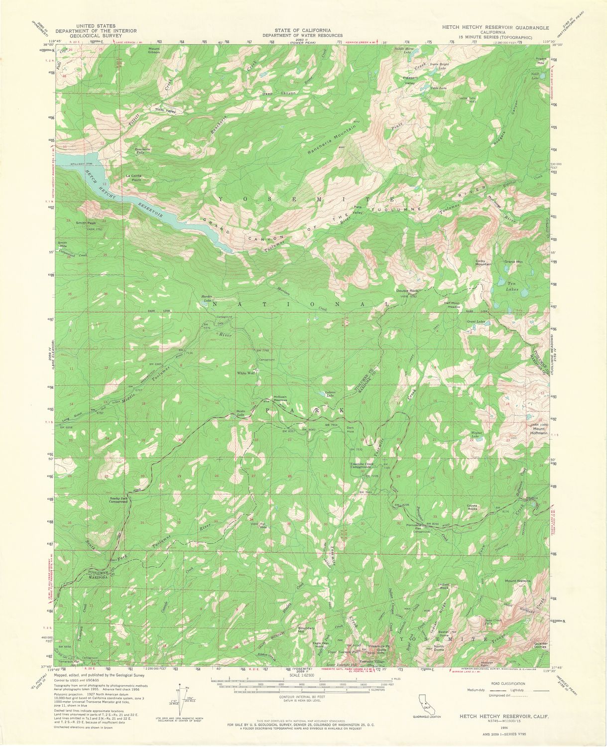 1956 USGS Hetch Hetchy Reservoir, Ca Quad