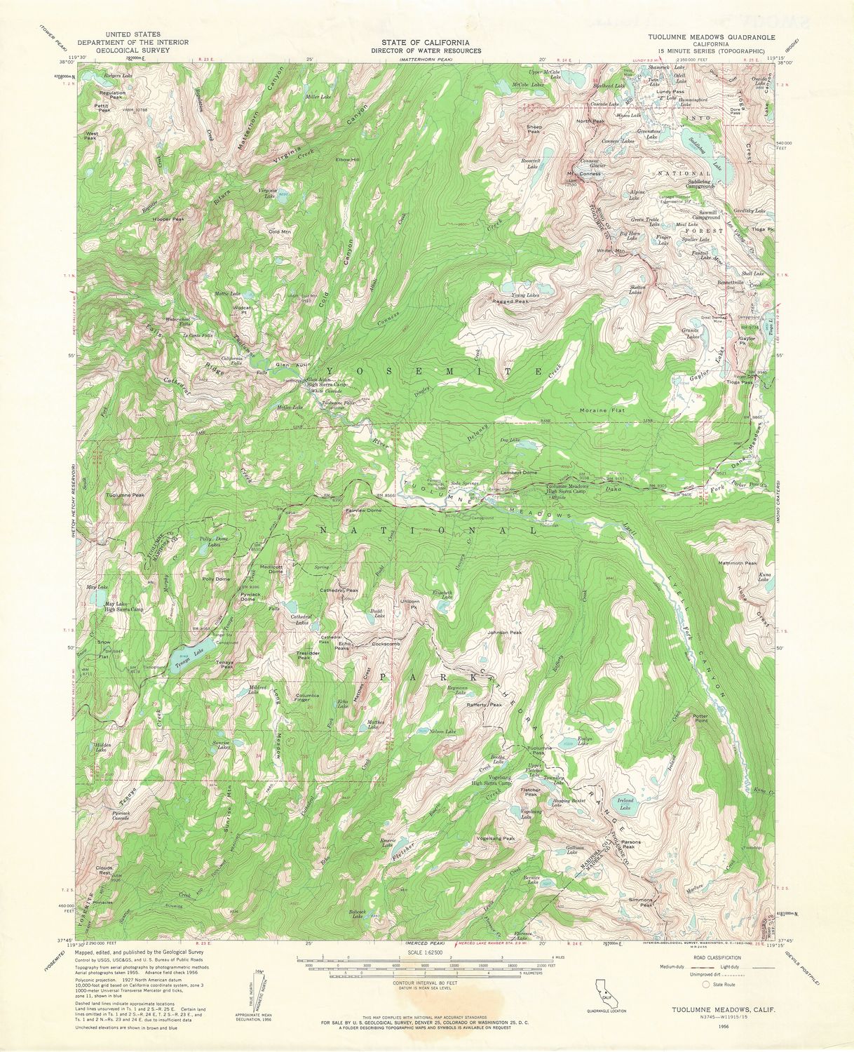 1956 USGS Tuolumne Meadows, Ca. in the Yosemite Valley Quad