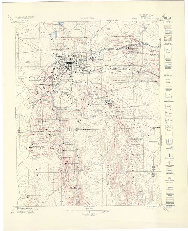 1896 USGS Topography of Grass Valley , Ca. a special Map with Mining Claims
