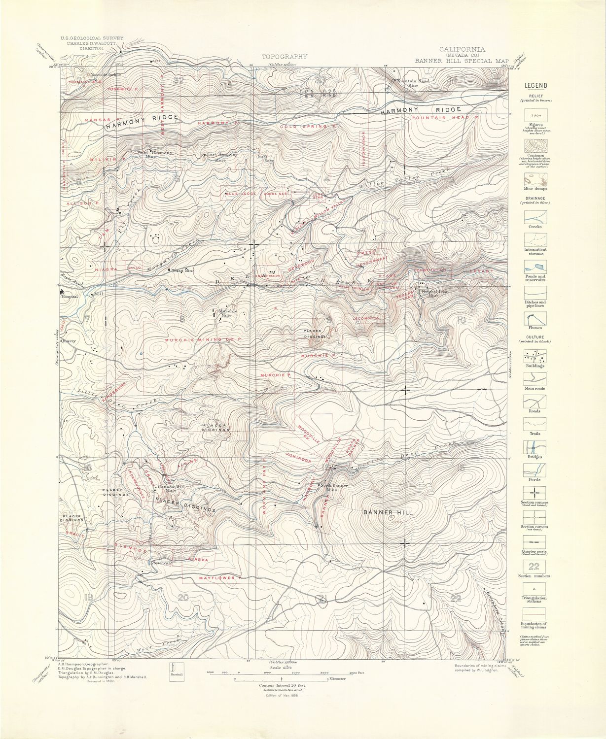 1896 USGS Topography of Banner Hill, Ca. a Special Map with Mining Claims