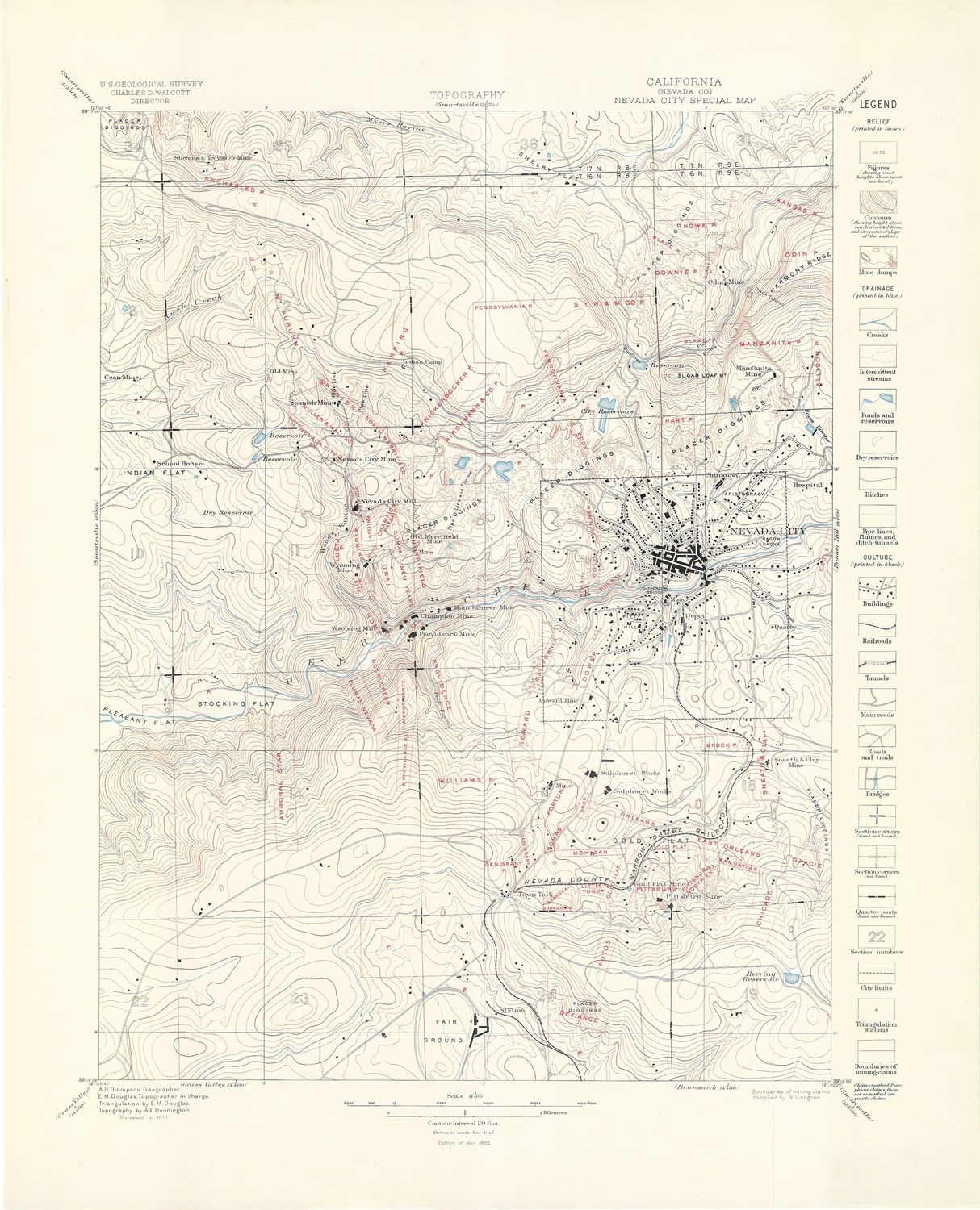 1896 USGS Topography of Nevada City, Ca. a Special Map with Mining claims