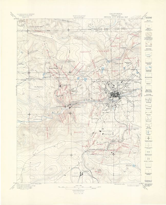 1896 USGS Topography of Nevada City, Ca. a Special Map with Mining claims