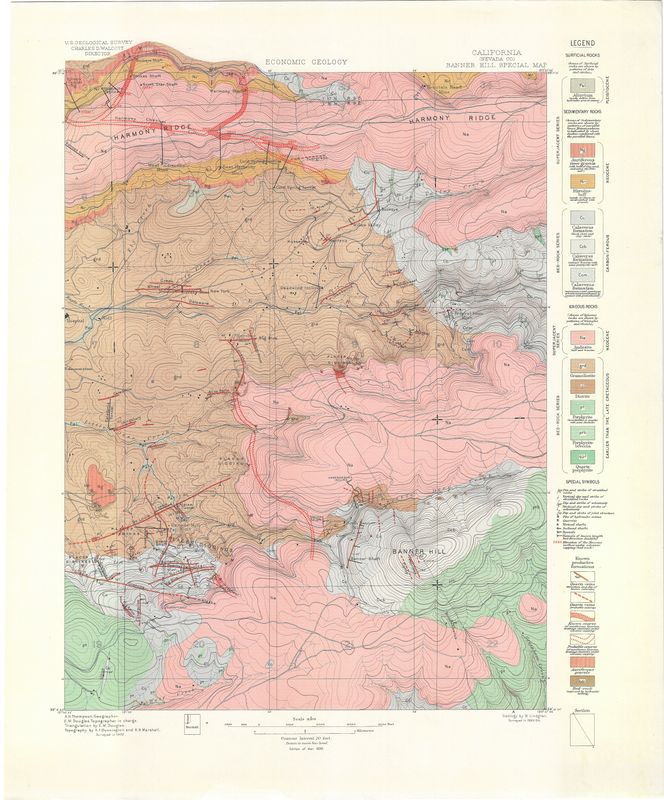 1896 Economic Geology of Banner Hill, Ca. a Special Map with known production formations &amp; Mines