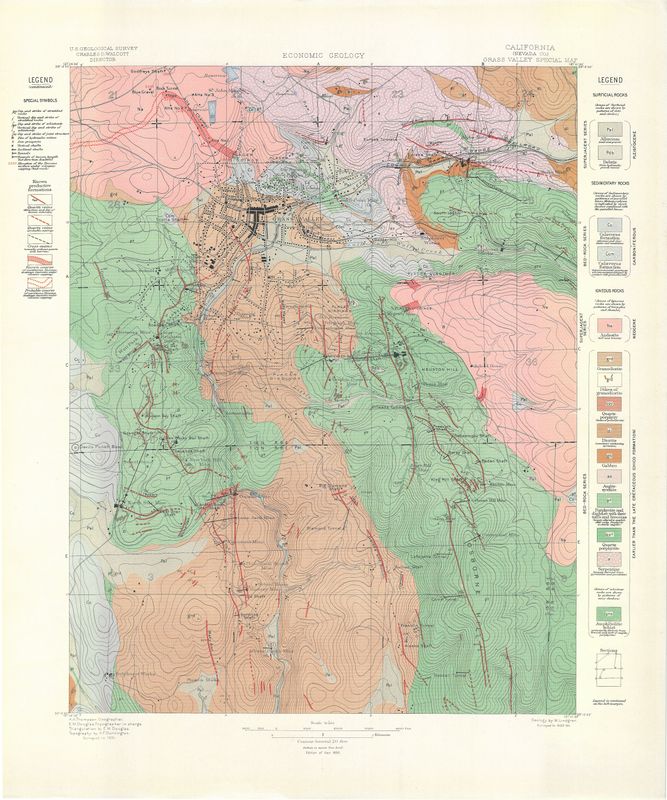 1896 Economic Geology of Grass Valley , Ca.  a Special Map with known production formations &amp; Mines