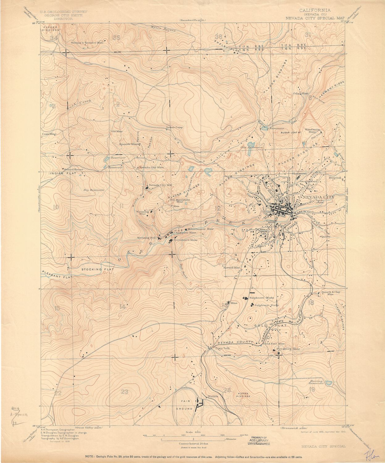 1910 (1895) USGS Nevada City, Ca. Quad Special Sheet w/ Mines