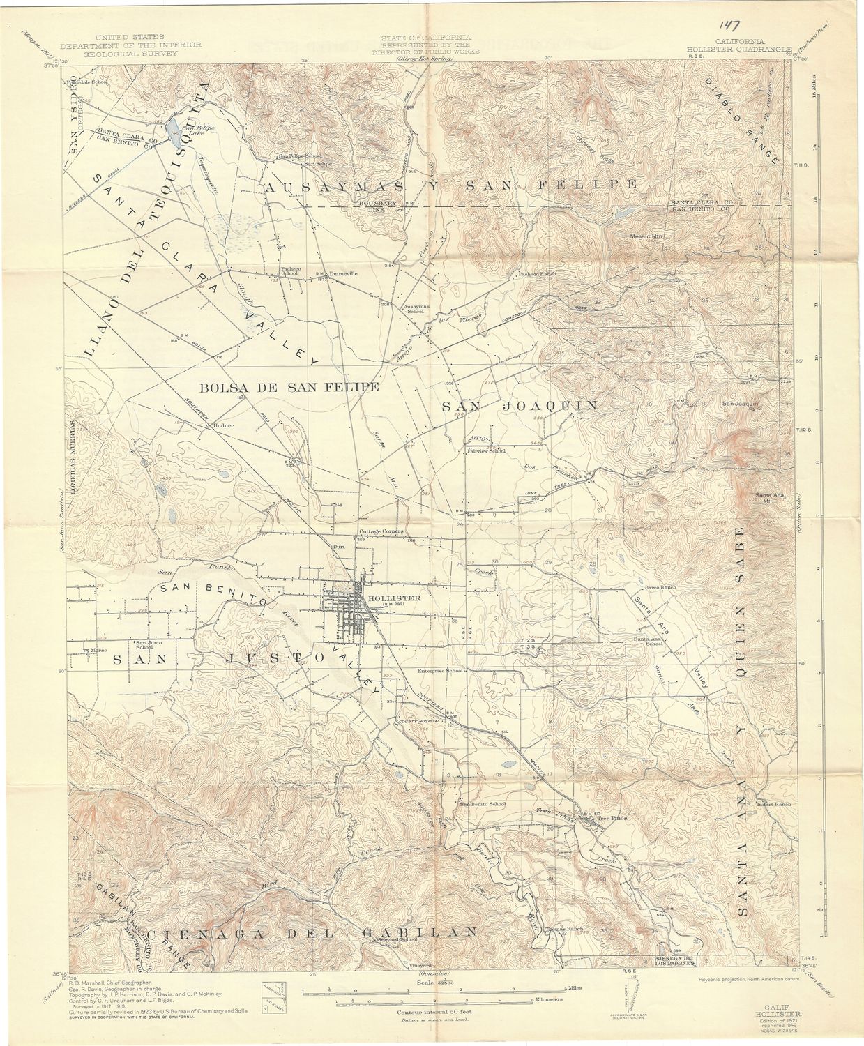 1942 (1921) USGS Hollister, Ca Quad