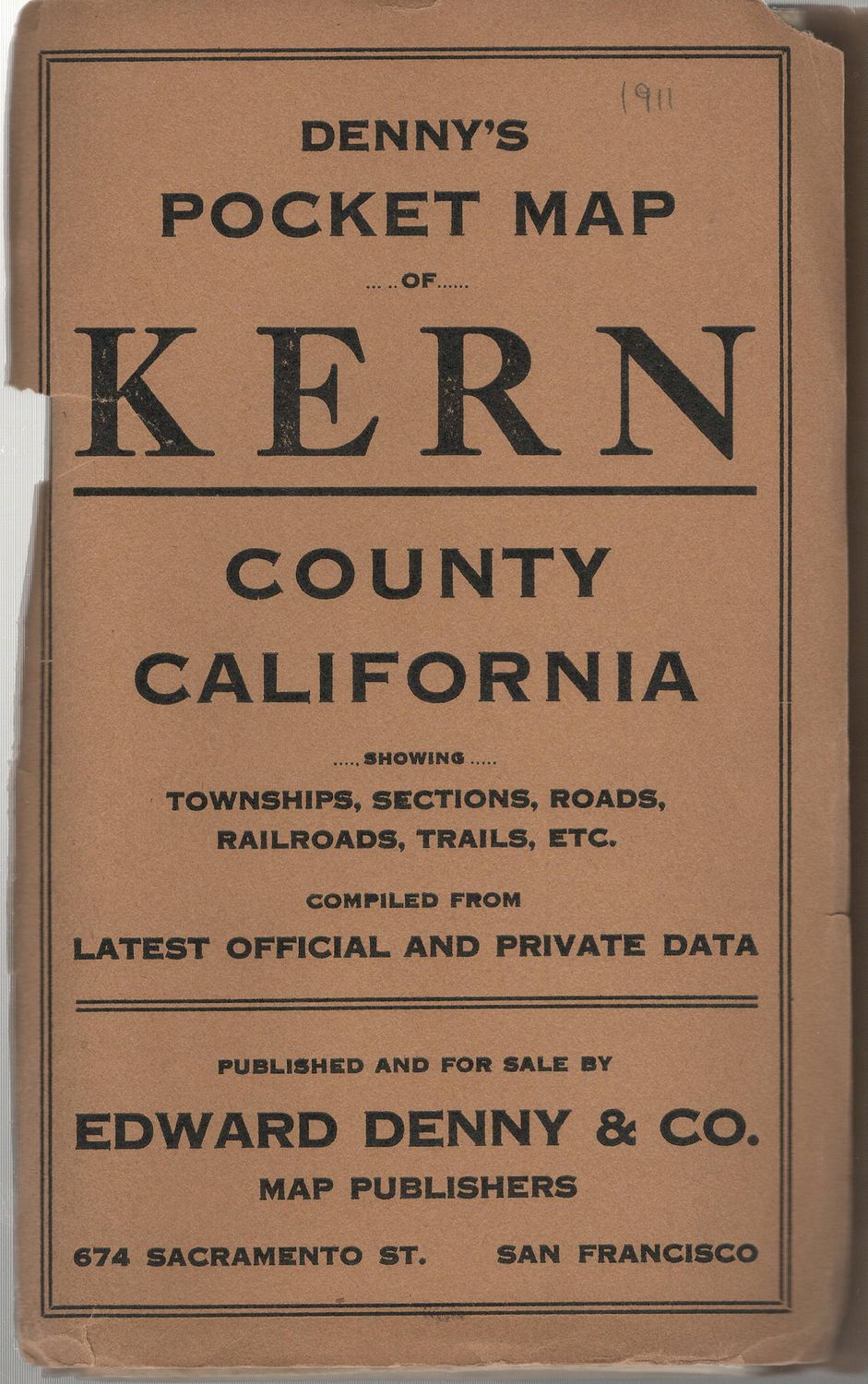 1911 Folding Map of Kern County by Edward Denny