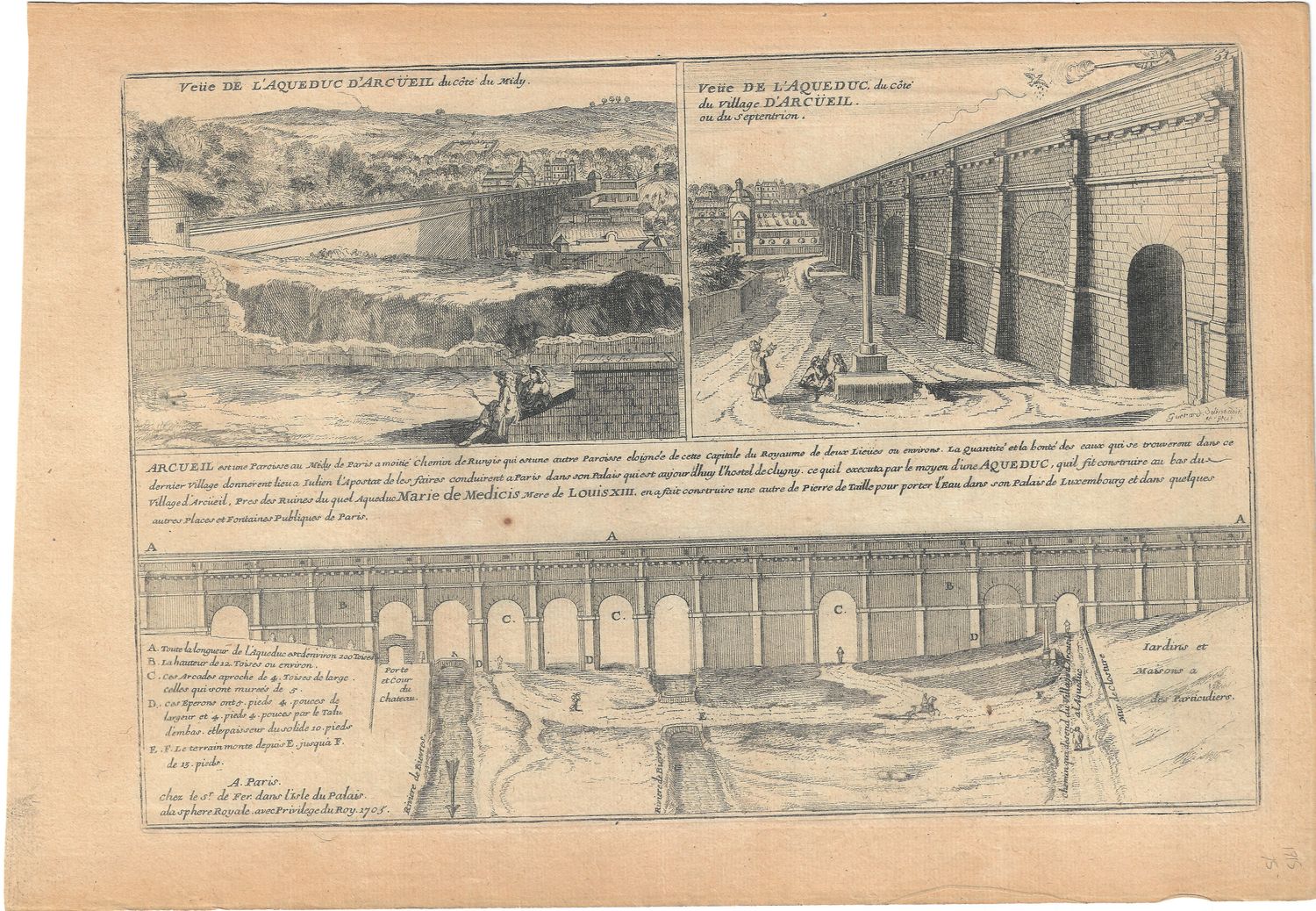 1715 French Engraving - Vue de L&#39;Aqueduc de D&#39;Arcueill ( Aquaduct of Arcueil in South Paris)