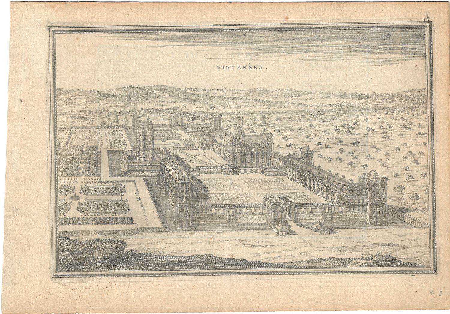 1715 French Engraving - Vue de Chateau de Vincennes w/ text 