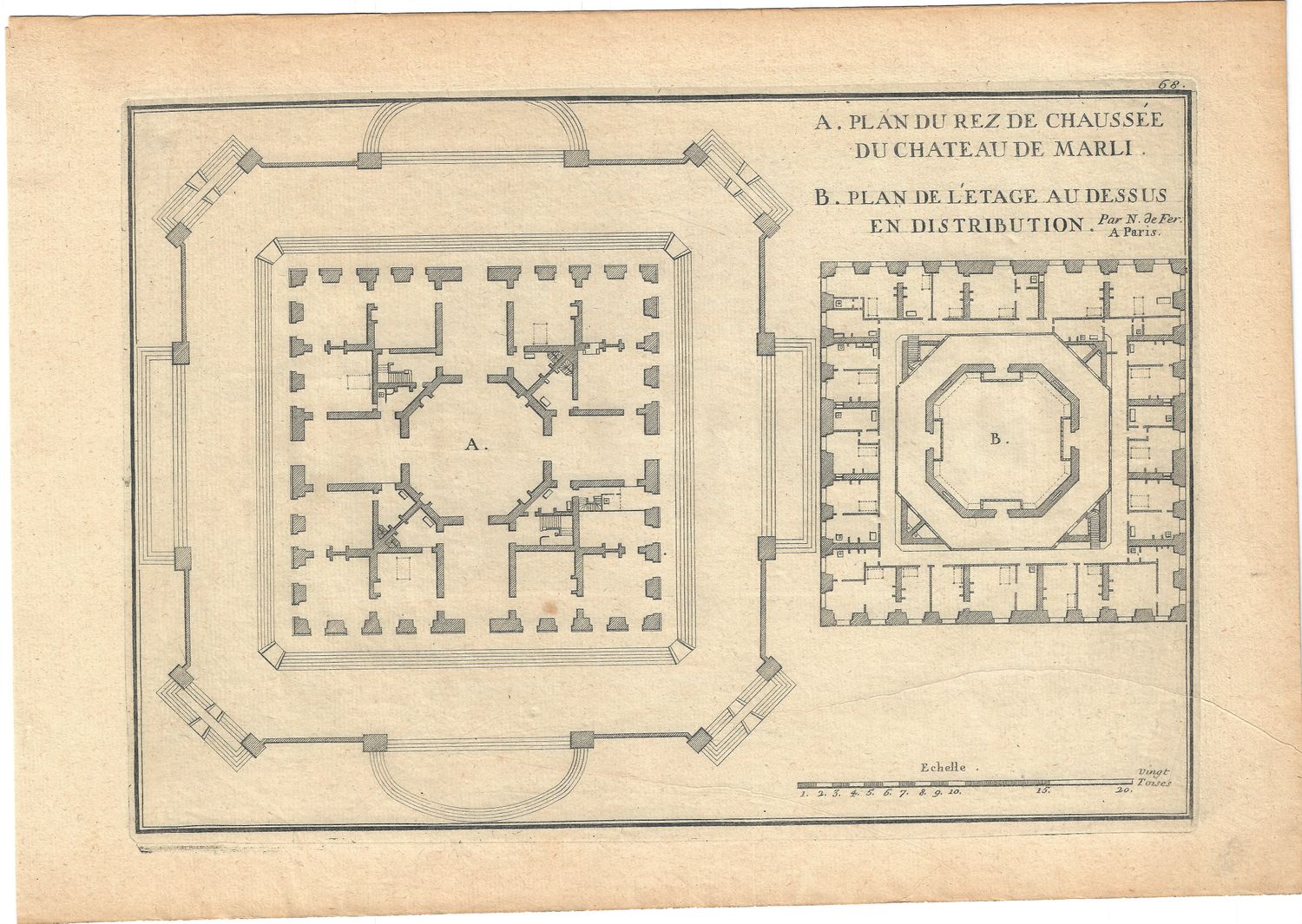 1715 French Engraving - Plan of the Chateau de Marly in 3 sheets + Text