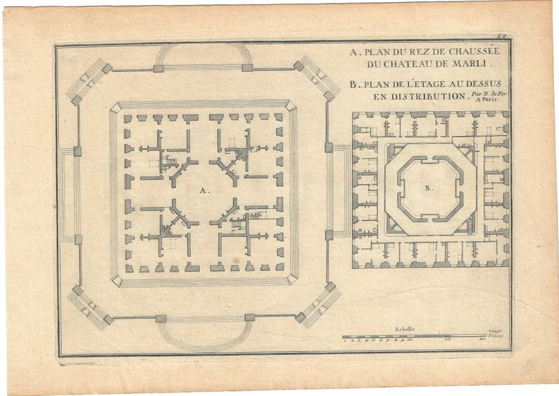 1715 French Engraving - Plan of the Chateau de Marly in 3 sheets + Text