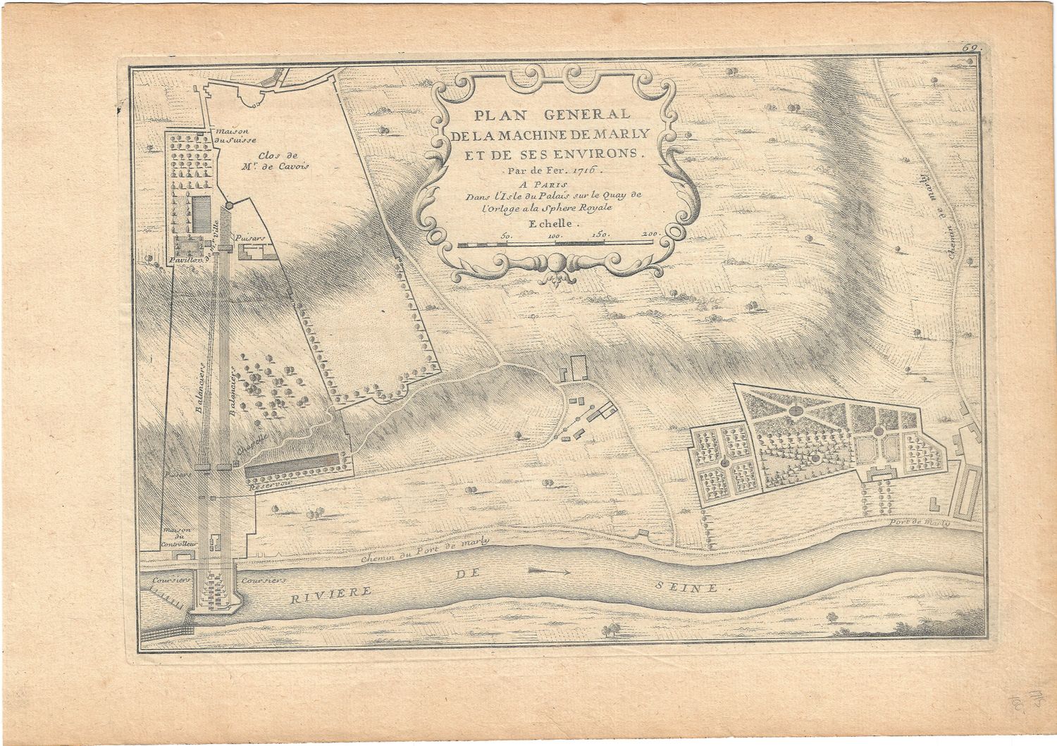 1715 French Engraving - Plan de la Machine de Marly et Environs,  3 sheets + 2 text pages