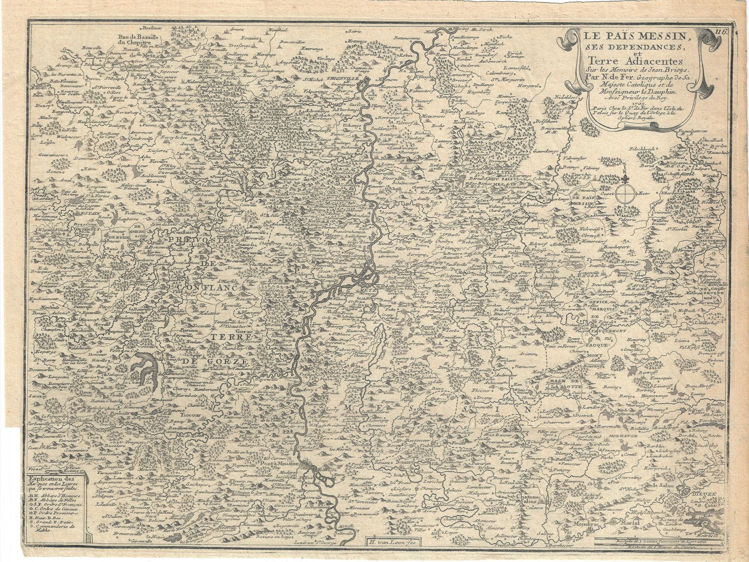 1715 Map of Metz and the Moselle River by N. de Fer