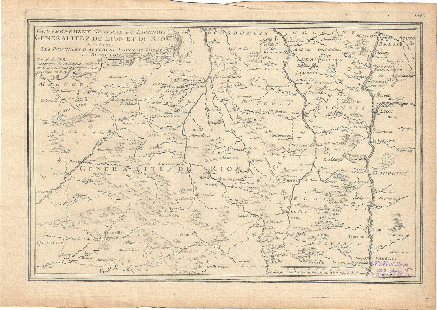 1715 Map of the Provinces of Lyonaise &amp; Auvergne, Lyon &amp; Riom with text description