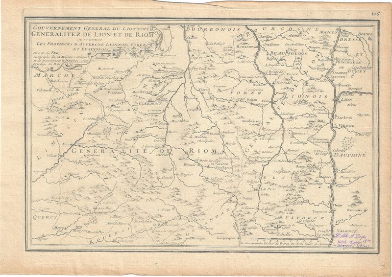 1715 Map of the Provinces of Lyonaise &amp; Auvergne, Lyon &amp; Riom with text description