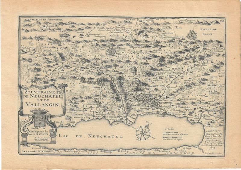 1715 Map of the Sovereignties of Neuchatel &amp; Vallangin w/ text description