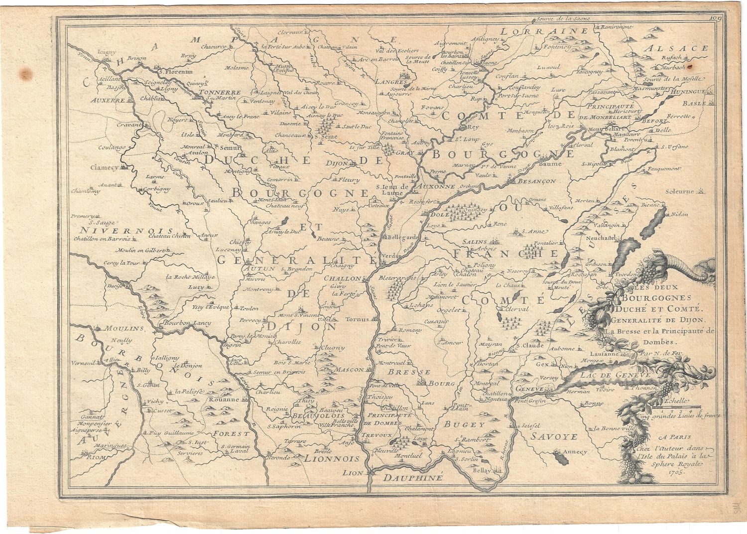 1715 Map of the Two Bourgognes, Duche &amp; Comte in Dijon w/ text description