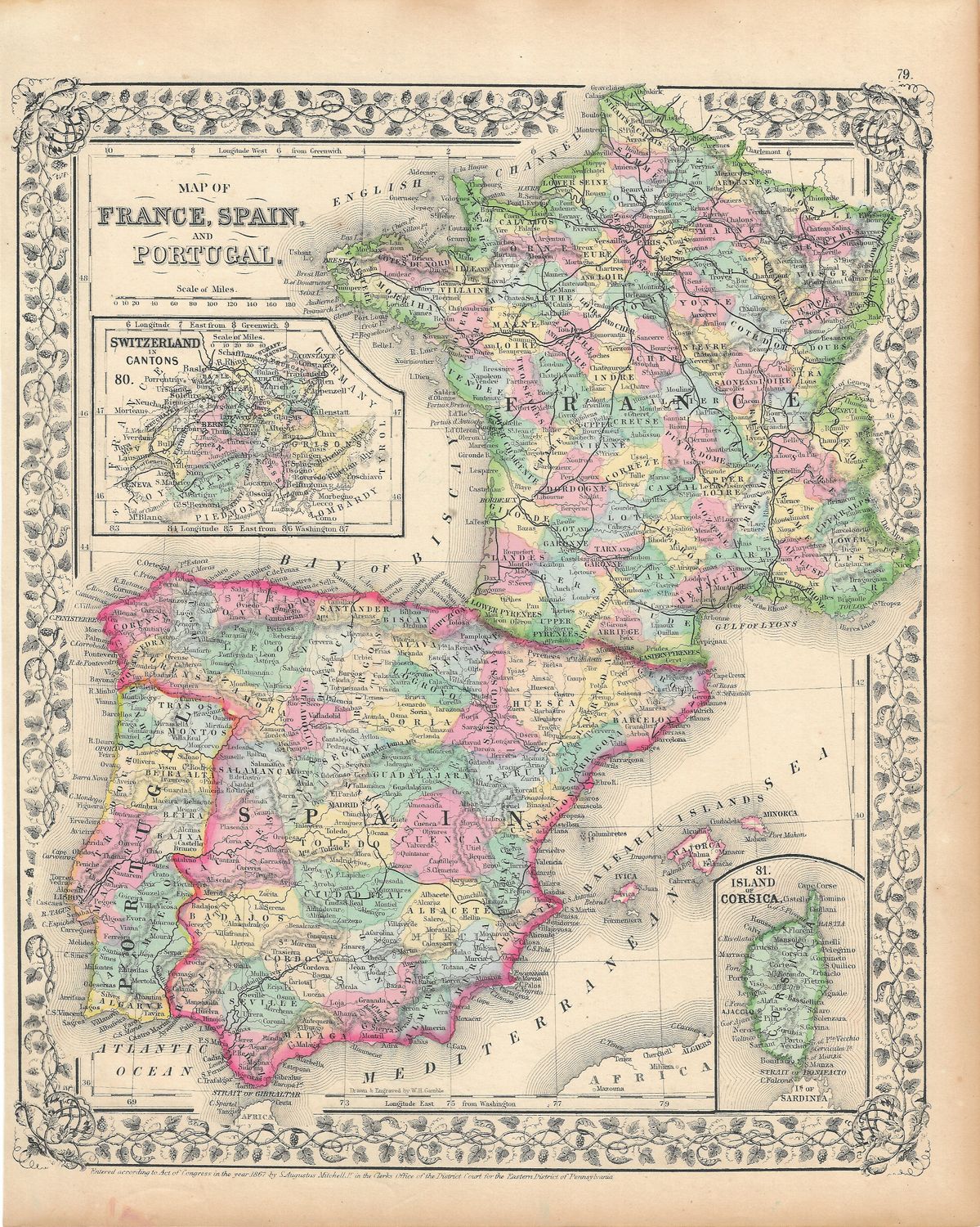1867 Map of France, Spain &amp; Portugal by S. Augutus Mitchell