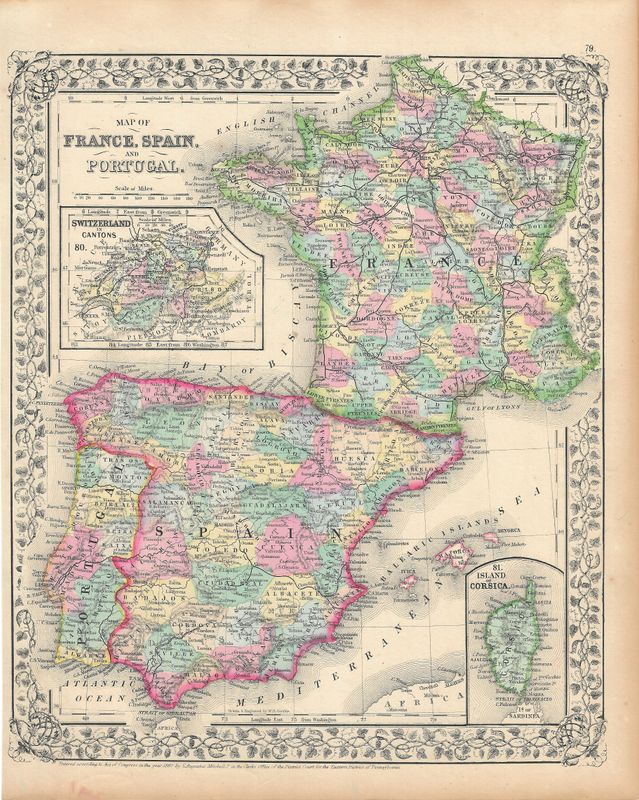1867 Map of France, Spain &amp; Portugal by S. Augutus Mitchell