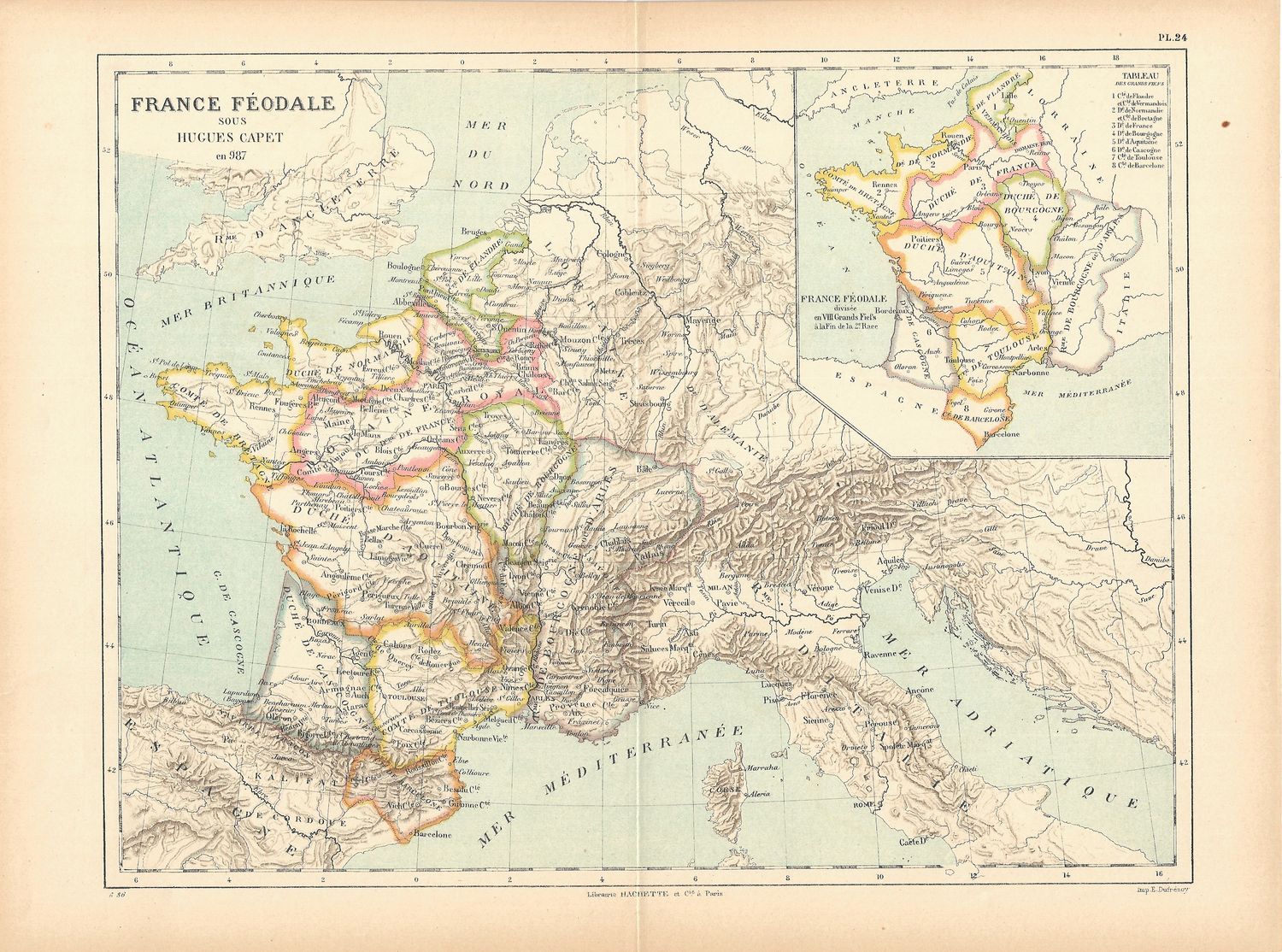 1890 Map of Feudal France under Hugues Capet in 987