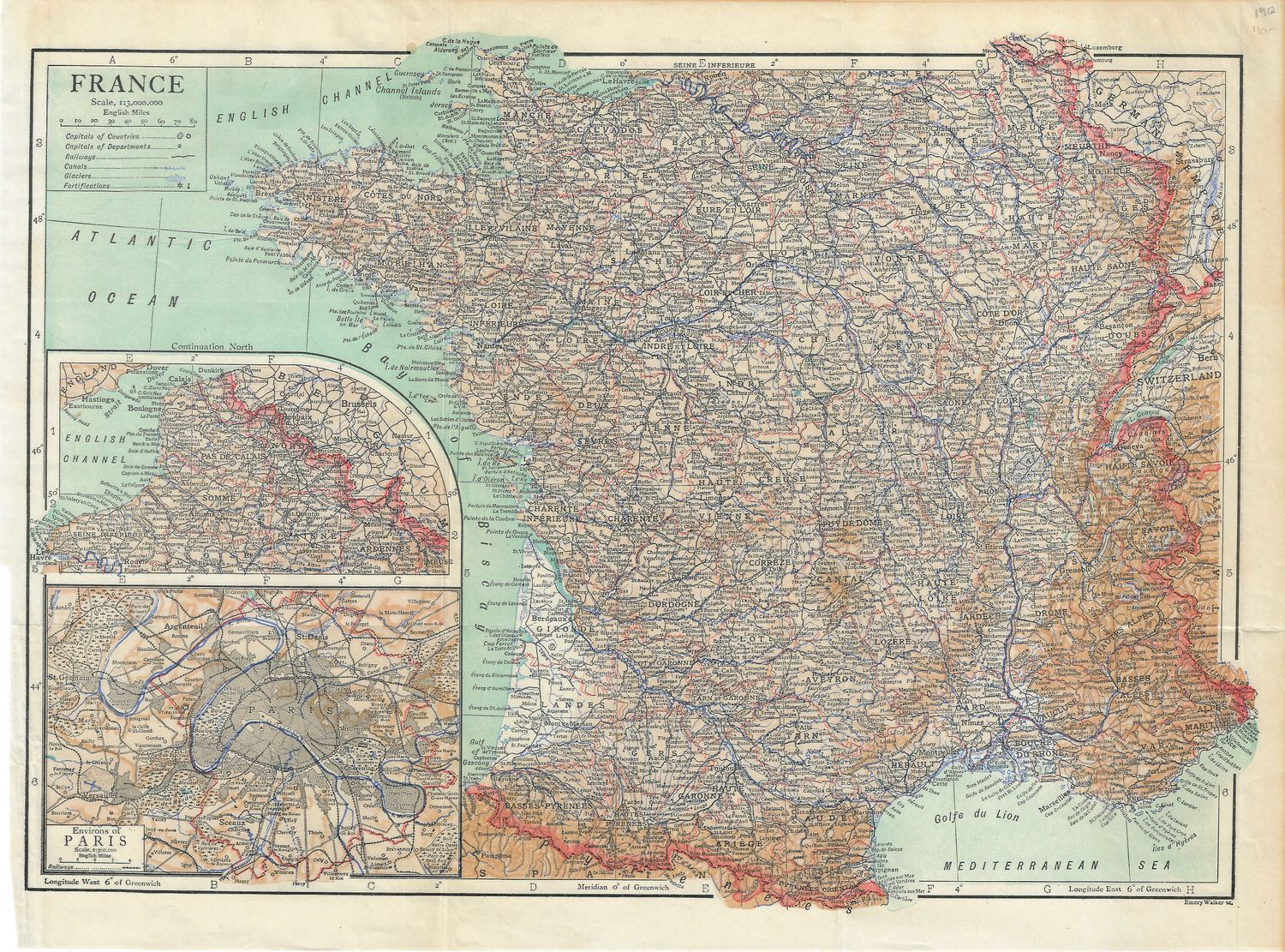 1912 Map of France w/ Paris insert map