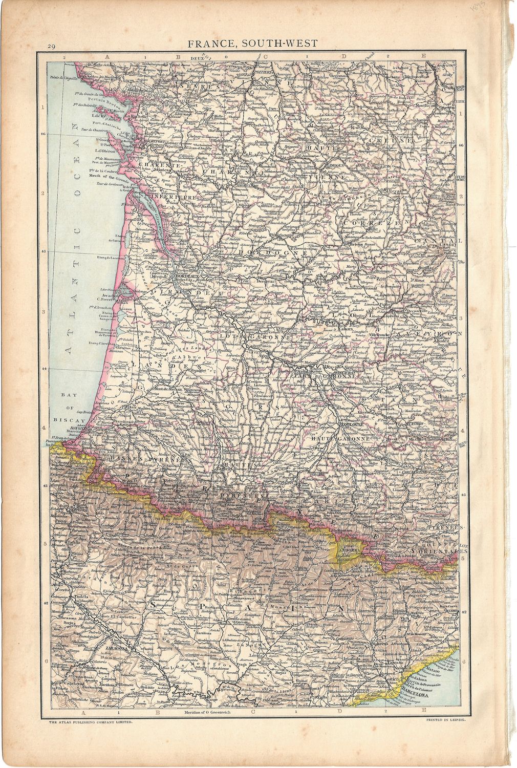 1893 Map of Southwest France