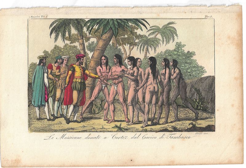 1800 View of Natives of Mexico Meeting Cortez by Palagi w/ handcolor