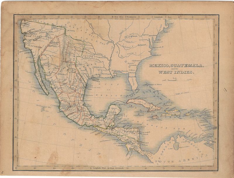 1844 Map of  Mexico, Guatemala, West Indies (Independent Texas)  w/ohc