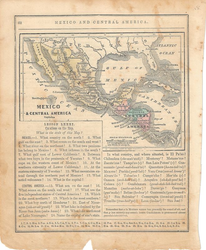 1900 Map of Mexico &amp; Central America w/ lesson text