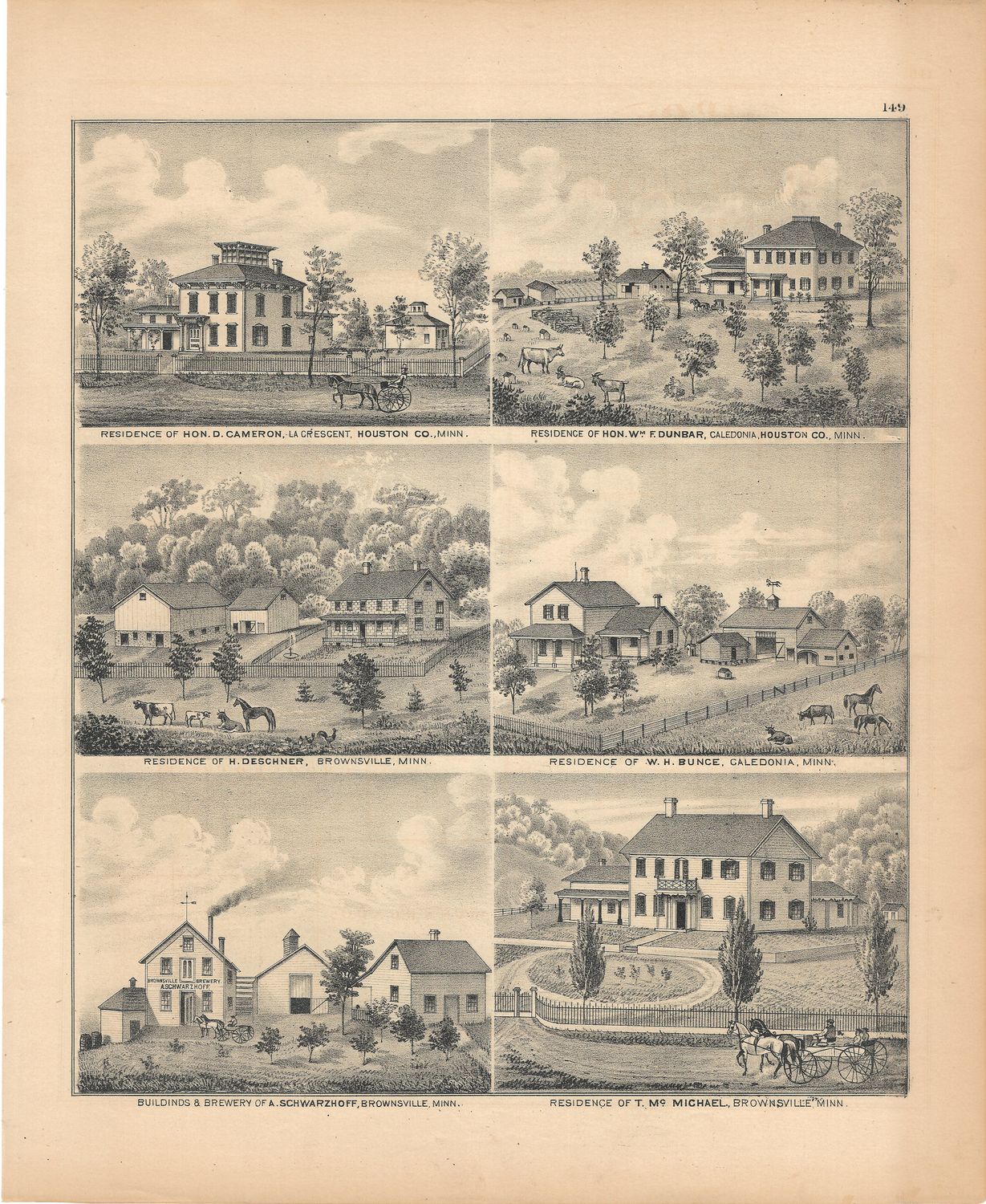 1874 Minnesota illustrated Atlas Views of Brownsville &amp; Caledonia , Houston County