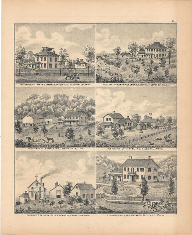 1874 Minnesota illustrated Atlas Views of Brownsville &amp; Caledonia , Houston County