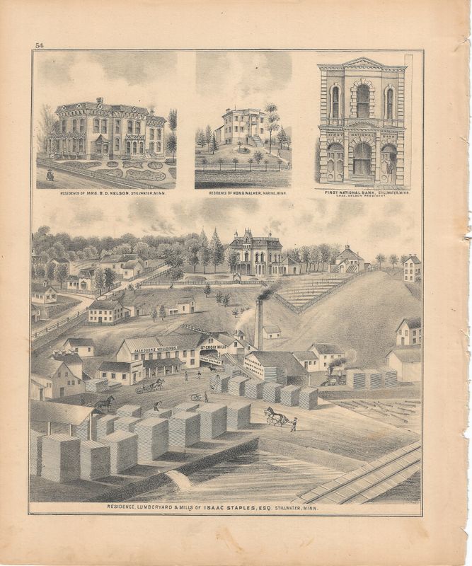 1874 Minnesota illustrated Atlas Views of Lumberyards of Stillwater Minn.
