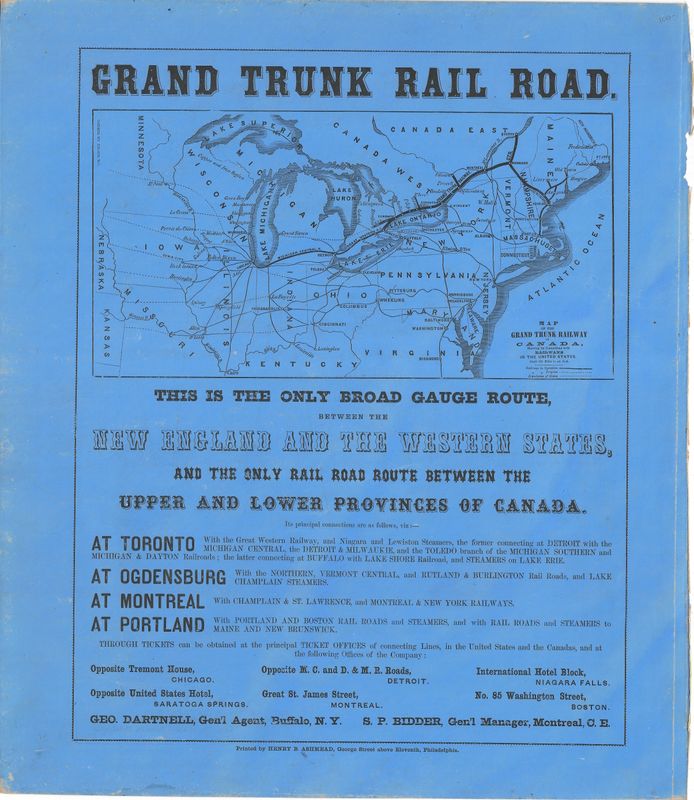 1854 Grand Trunk Rail Road Advertisement w/ System Map