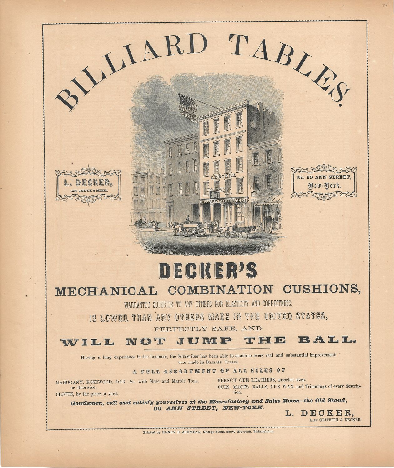 1854 New York Illustrated Atlas -  Large Advertisement of Billiard Table Manufacturer