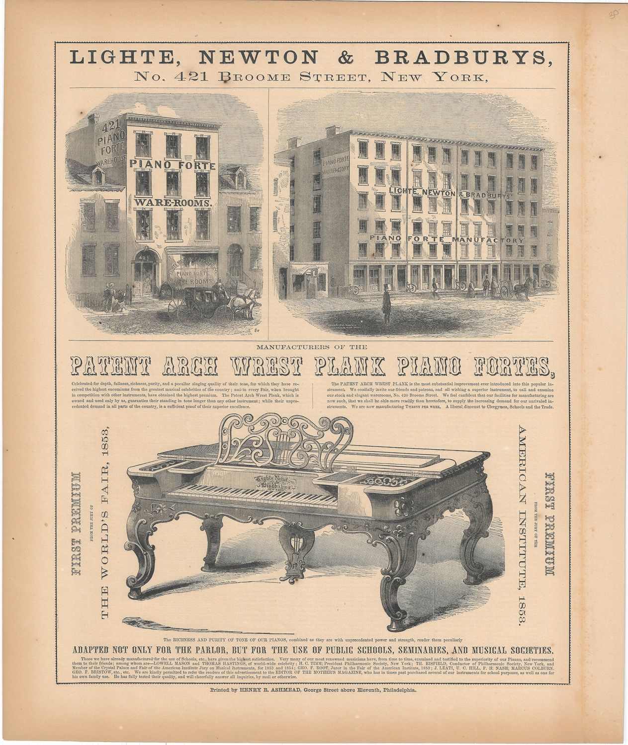 1854 New York Illustrated Atlas -  Philadelphia World's Fair Piano ad