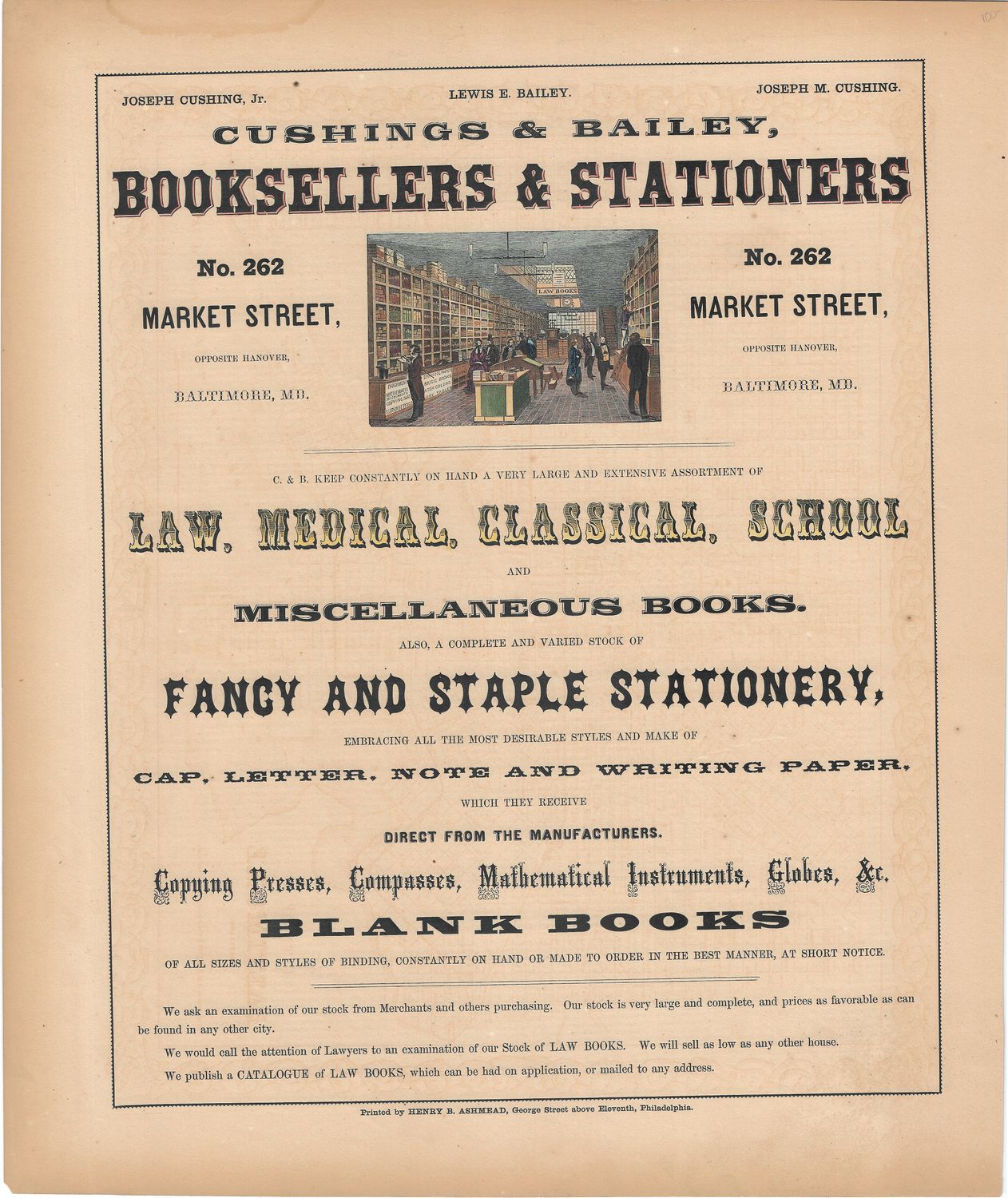 1854 New York Illustrated Atlas Ad for Cushing and Bailey Book Sellers with Hand Water Color 