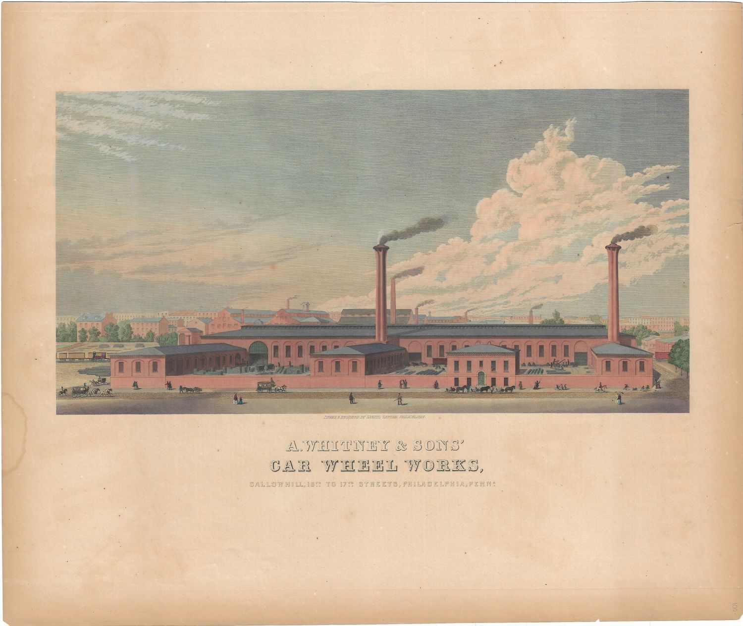 1854 New York Illustrated Atlas ad for A.Whitney &amp; Son Car Wheel Works Factory w/ hand color
