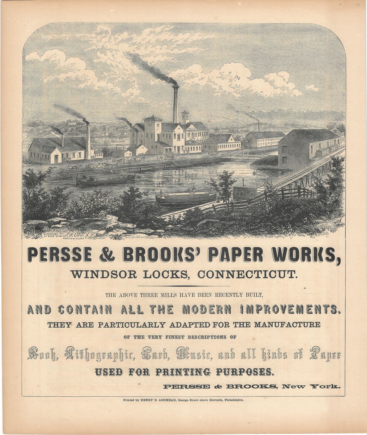 1854 New York Illustrated Atlas View of the Persse &amp; Brooks' Paper Works
