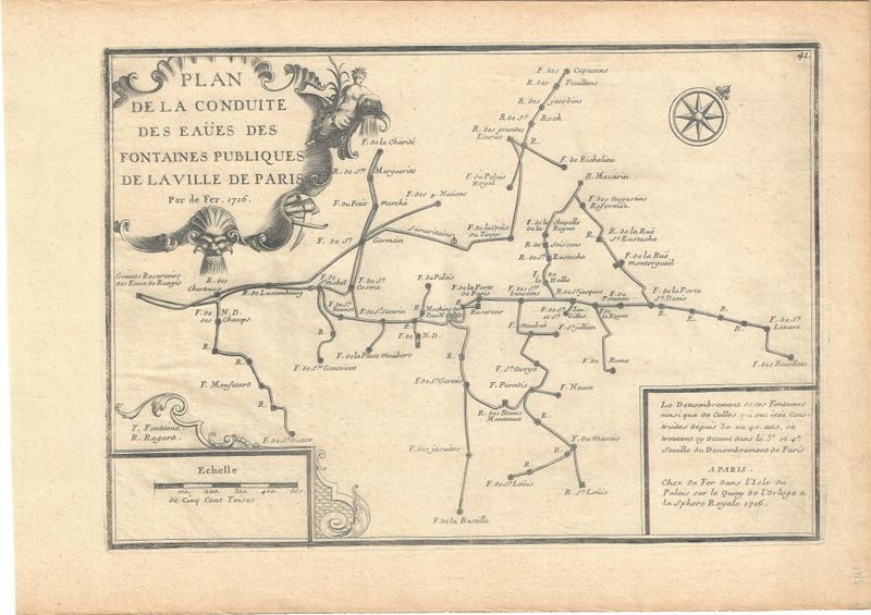 1715 Plan of Public Fountains in Paris w/ text and View of the Pont Neuf Pumphouse, Samaritaine.