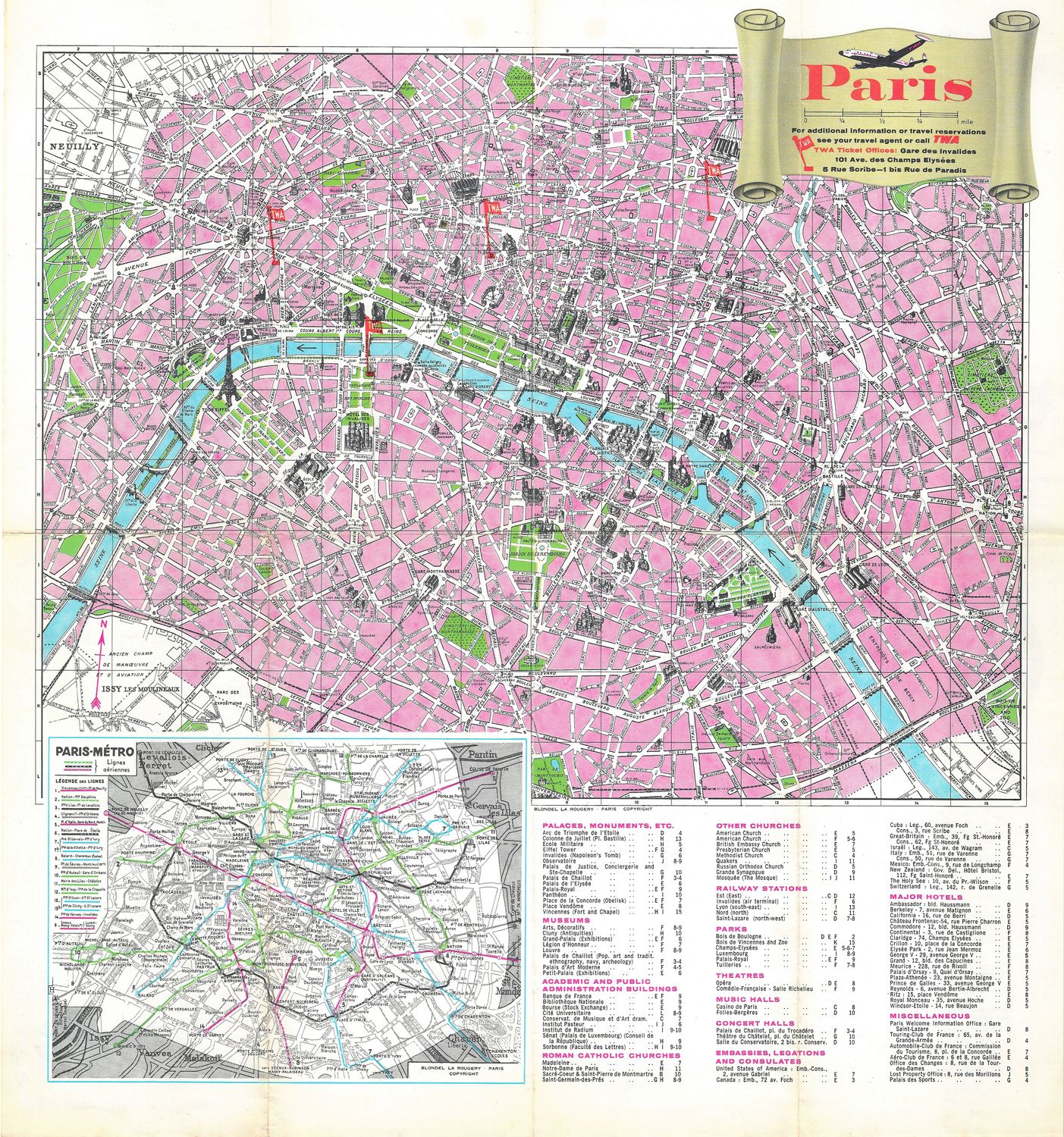 1956 TWA City Map of Paris