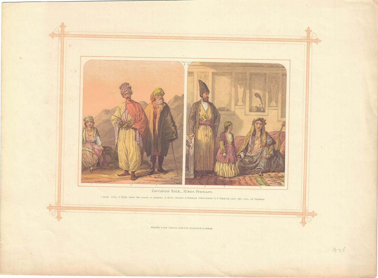 1882 View of the Caucasian Race - Kurds, Persians , a lithograph from "Races of the World"